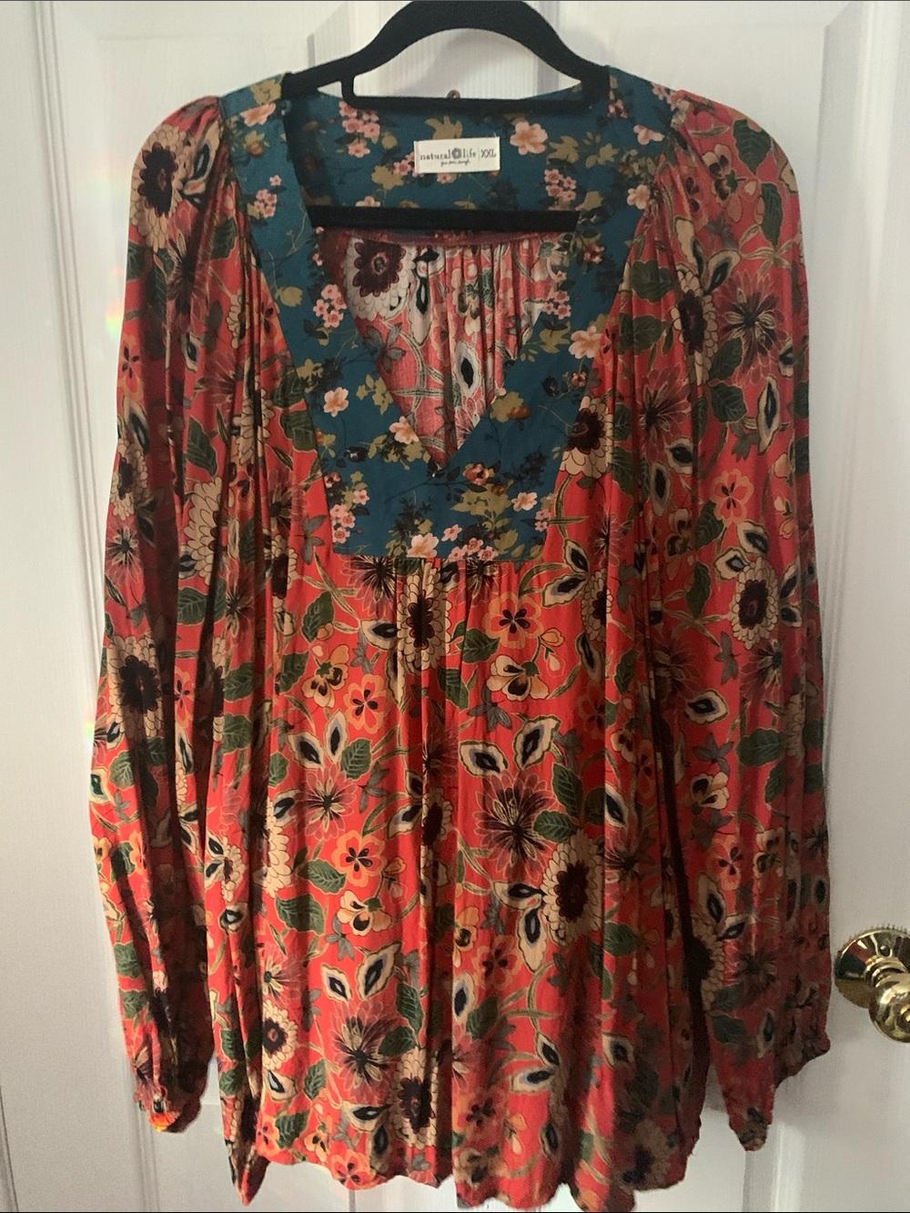 NATURAL LIFE Teal Floral Boho Blouse with Pink & Brown Accents